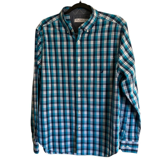Nautica Mens Large Blue Plaid Button Down Shirt Classic Fit Cotton Mauritius - Picture 1 of 8
